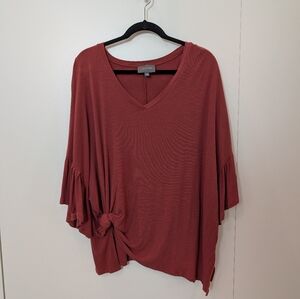 Women's V-Neck Ruffle Sleeve Tunic - Rust